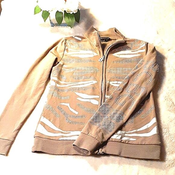 BCBGMaxAzria RHINESTONES Hoodie Jacket Sz Small TAN Bling Glam Paris Hilton Y2k - Picture 4 of 6
